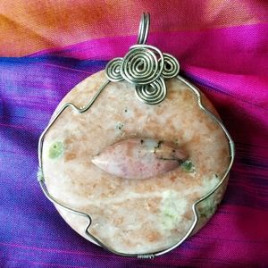 Peach stone wire wrapped pendant silver handmade hand crafted boho